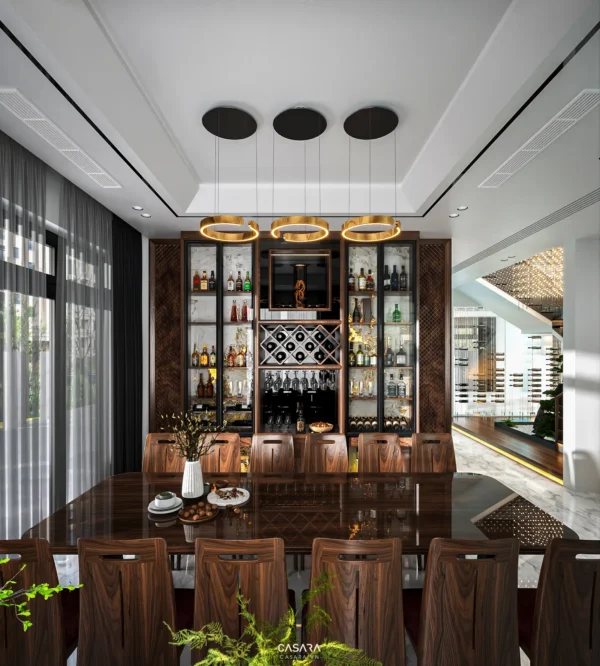 Phòng ăn sang trọng với quầy bar rượu và thiết kế hiện đại.