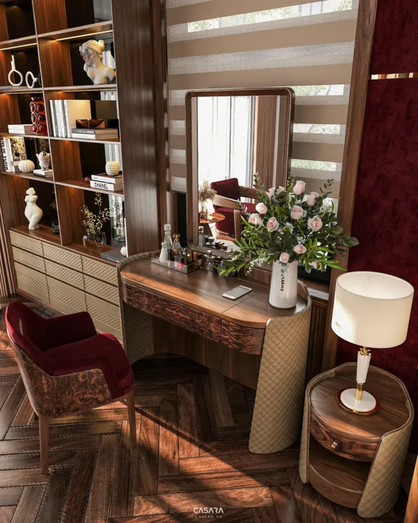 Góc trang điểm sang trọng với nội thất gỗ nâu và điểm nhấn đỏ.