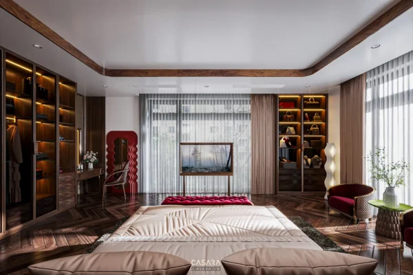 Phòng ngủ sang trọng, hiện đại với tủ âm tường và nội thất tinh tế.