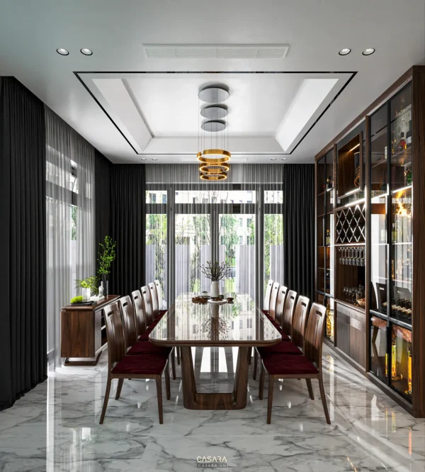 Phòng ăn hiện đại sang trọng với nội thất gỗ và ánh sáng ấm áp.