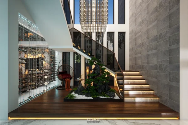 Nội thất cầu thang hiện đại, sang trọng với tiểu cảnh độc đáo.
