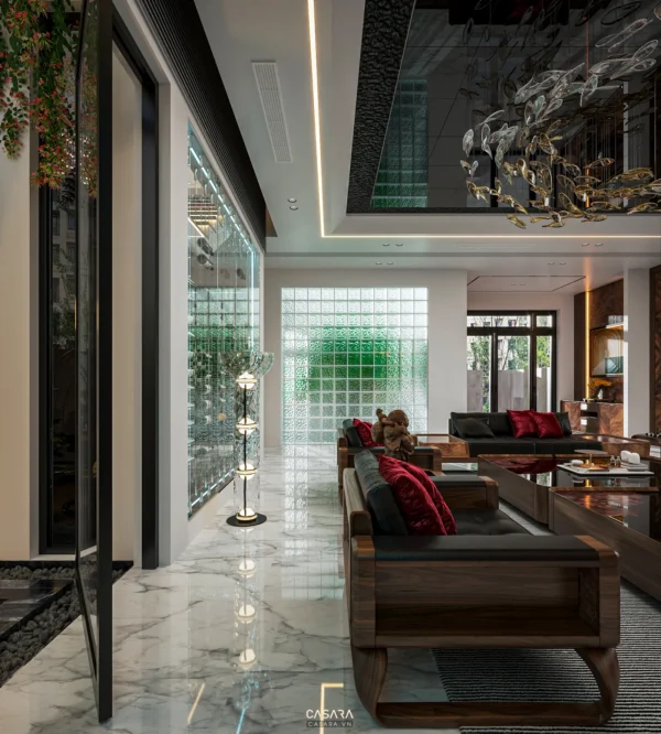 Phòng khách hiện đại, sang trọng với nội thất gỗ và đá tinh tế.