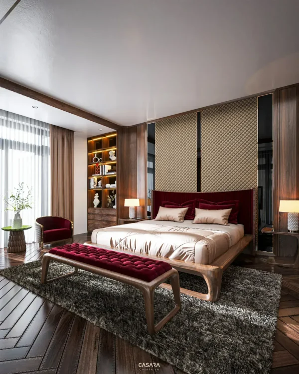 Phòng ngủ sang trọng với tông màu đỏ burgundy ấm áp, hiện đại.