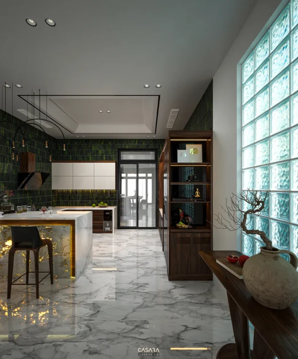 Phòng bếp hiện đại, sang trọng với điểm nhấn xanh tươi và ánh sáng ấm áp.