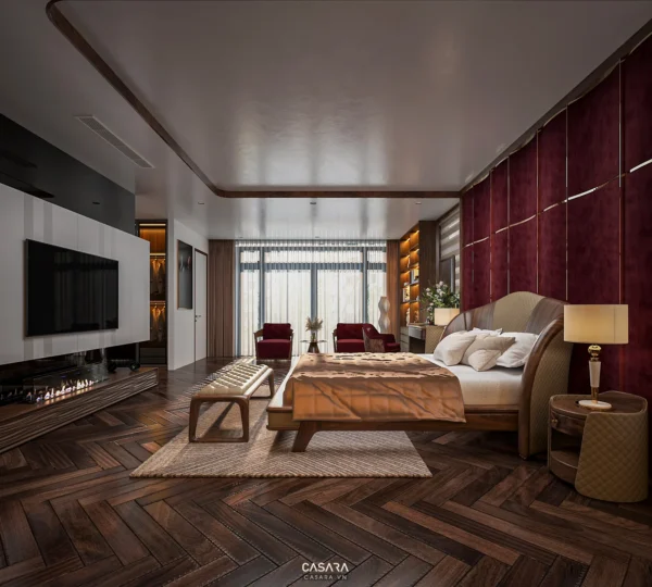 Phòng ngủ sang trọng với tông màu trầm ấm, thiết kế hiện đại.