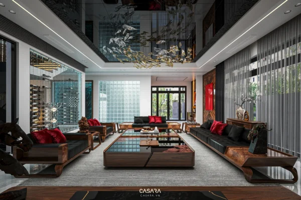 Phòng khách hiện đại, sang trọng với nội thất gỗ và điểm nhấn đỏ.
