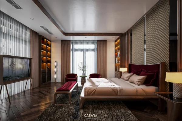 Phòng ngủ sang trọng với nội thất gỗ và tông màu ấm áp, tinh tế.