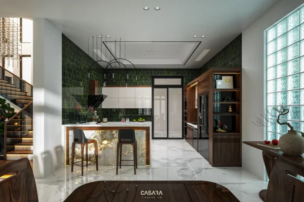 Phòng bếp hiện đại, sang trọng với tông xanh lá chủ đạo.