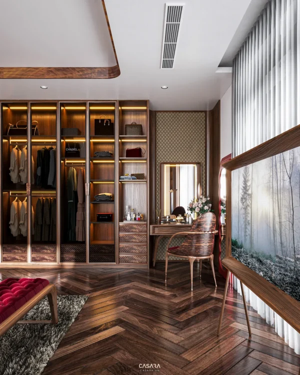 Phòng thay đồ hiện đại, sang trọng với tủ âm tường và bàn trang điểm.