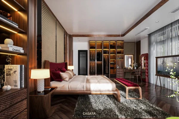 Phòng ngủ sang trọng với nội thất gỗ nâu, ánh sáng vàng ấm áp.