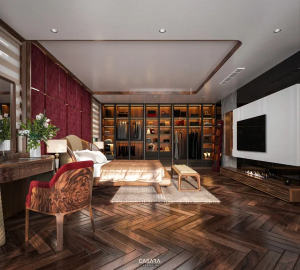 Phòng ngủ sang trọng với tủ quần áo lớn và tông màu ấm áp.