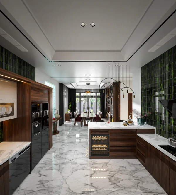 Phòng bếp và phòng ăn hiện đại, sang trọng với tông màu trầm ấm.