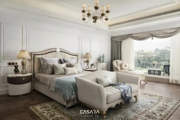 Phòng ngủ tân cổ điển sang trọng với nội thất ấm cúng, tinh tế.