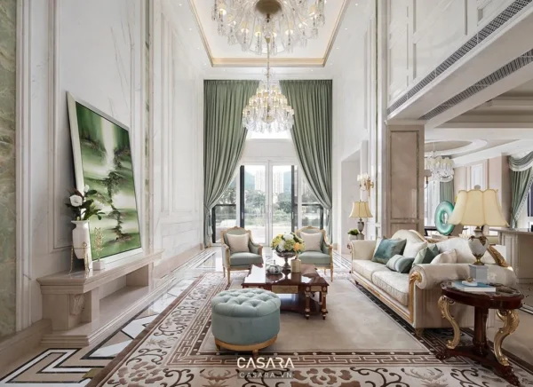 Phòng khách tân cổ điển sang trọng với đèn chùm và tranh lớn.