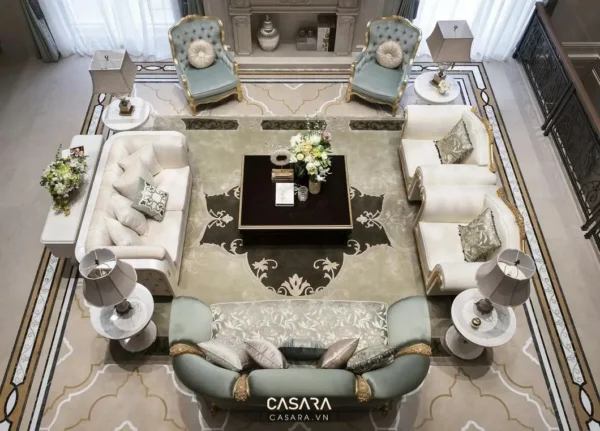 Phòng khách tân cổ điển sang trọng với nội thất hài hòa, tinh tế.