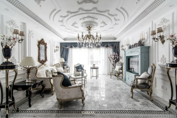 Phòng khách tân cổ điển sang trọng với nội thất cầu kỳ, tinh tế.