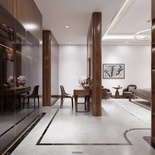 Phòng ngủ hiện đại, sang trọng với nội thất gỗ và tông màu trung tính.