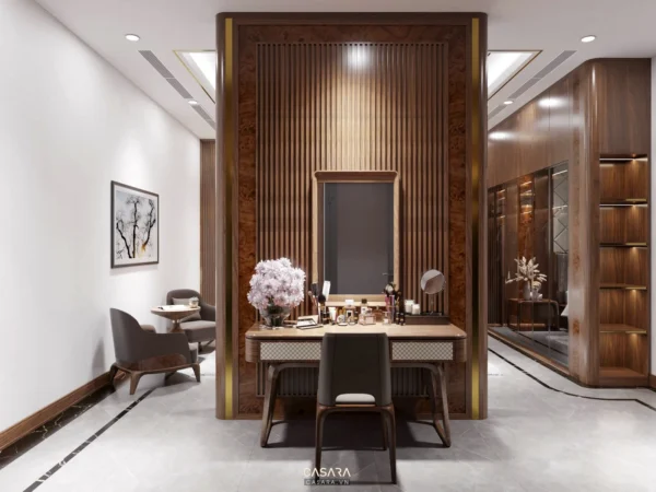 Phòng trang điểm sang trọng với thiết kế nội thất gỗ tinh tế.