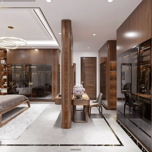 Phòng ngủ sang trọng với nội thất gỗ nâu và ánh sáng ấm áp.