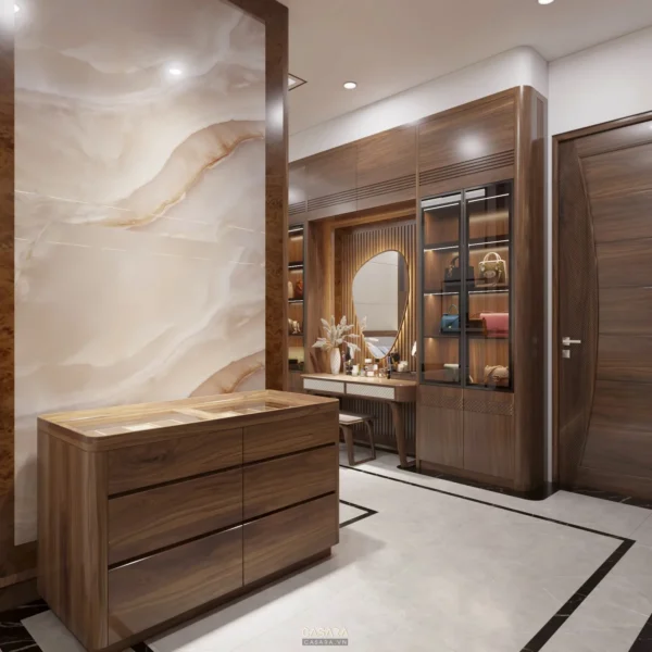 Phòng thay đồ hiện đại, sang trọng với gỗ và đá tự nhiên.