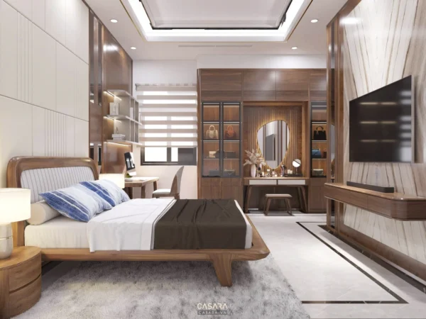 Phòng ngủ hiện đại, ấm cúng với nội thất gỗ chủ đạo.