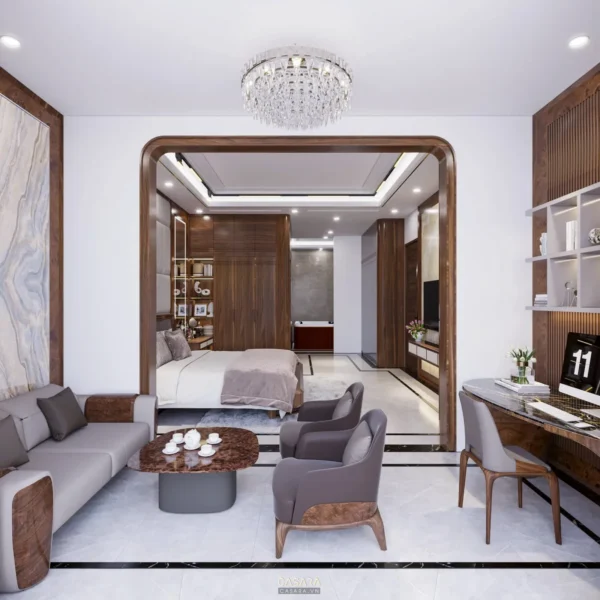 Phòng khách và phòng ngủ thiết kế hiện đại, sang trọng.