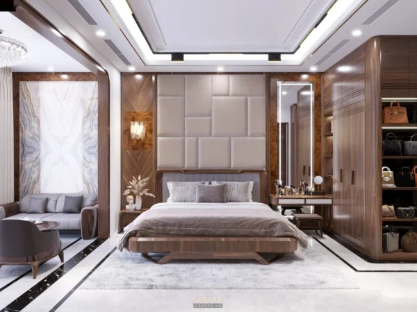 Phòng ngủ sang trọng, hiện đại với tông màu trung tính ấm áp.