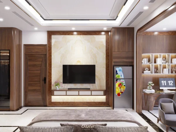 Phòng ngủ hiện đại, sang trọng với nội thất gỗ và tông màu ấm áp.