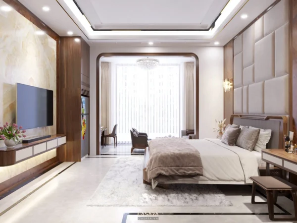 Phòng ngủ sang trọng, hiện đại với tông màu ấm áp, tinh tế.