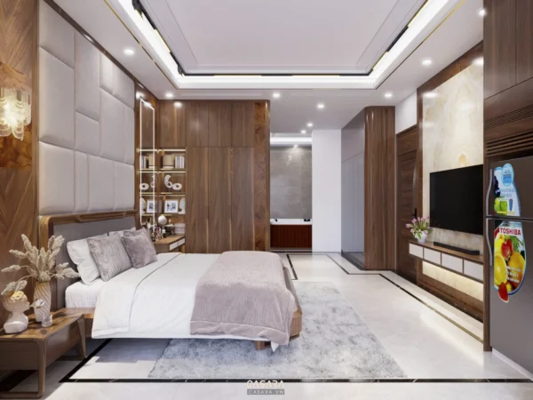 Phòng ngủ sang trọng, hiện đại với nội thất gỗ và tông màu ấm áp.
