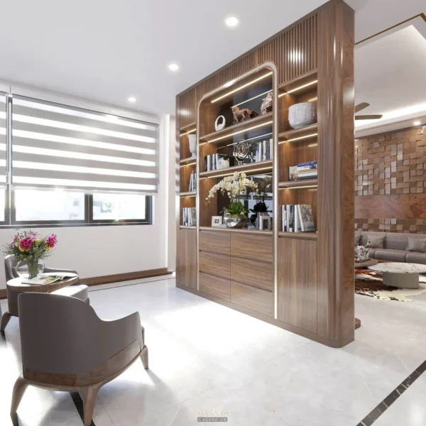 Phòng khách hiện đại với kệ sách gỗ và nội thất tinh tế.