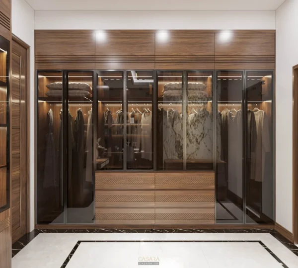 Tủ quần áo âm tường hiện đại, sang trọng với cửa kính đen.