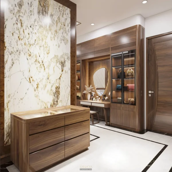 Phòng thay đồ sang trọng với gỗ và đá hoa cương tinh tế.