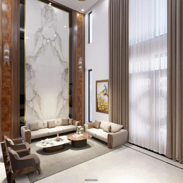 Phòng khách hiện đại, sang trọng với tông màu trắng, be chủ đạo.