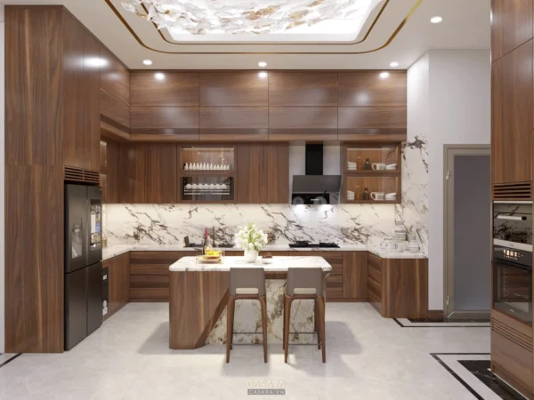 Phòng bếp hiện đại, sang trọng với tủ gỗ và đá marble trắng tinh tế.