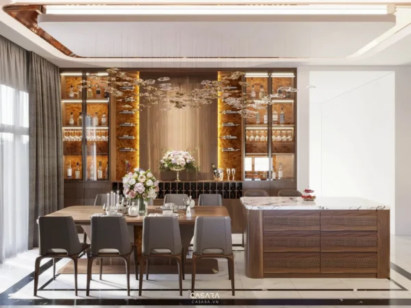Phòng ăn sang trọng với tủ rượu và bàn ăn hiện đại.