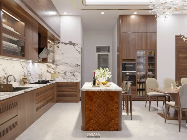 Phòng bếp hiện đại, sang trọng với nội thất gỗ và đá cao cấp.