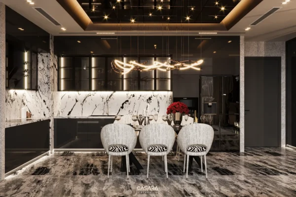 Phòng bếp - ăn sang trọng với thiết kế hiện đại, tông màu đen trắng chủ đạo.
