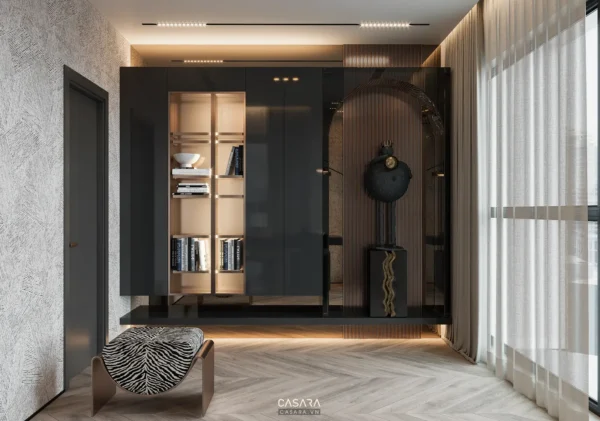 Nội thất phòng khách hiện đại, sang trọng với tông màu tối ấm áp.