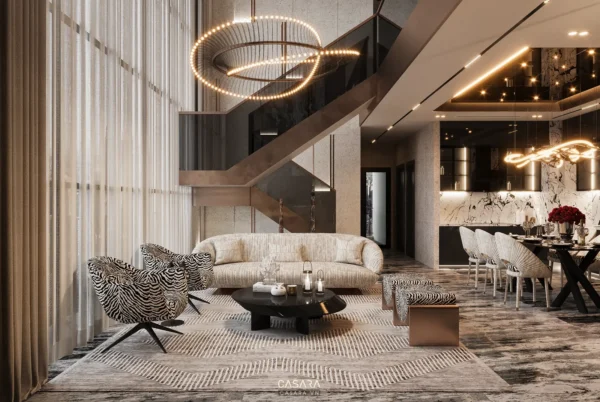 Phòng khách hiện đại, sang trọng với nội thất tinh tế, ánh sáng ấm áp.