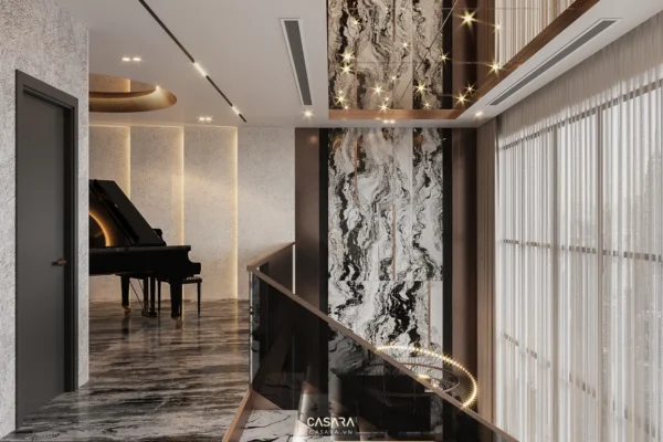 Nội thất sang trọng với piano đen và đá hoa cương trắng tinh tế.