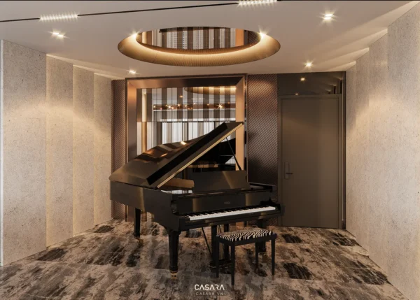 Phòng nhạc sang trọng với cây đàn piano đen bóng và thiết kế hiện đại.
