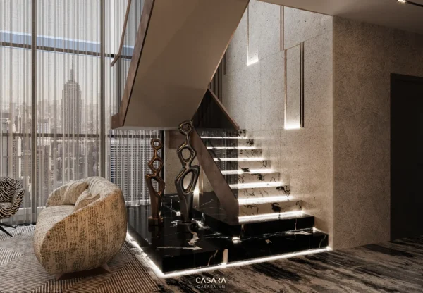 Cầu thang hiện đại với ánh sáng tinh tế trong không gian sang trọng.