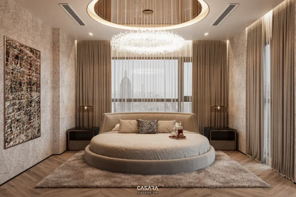 Phòng ngủ hiện đại, sang trọng với giường tròn và cửa sổ lớn.