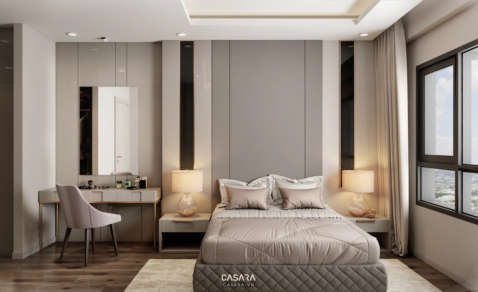 nội thất chung cư 70m2 phòng ngủ master với giường bọc nệm và tủ áo cánh lùa