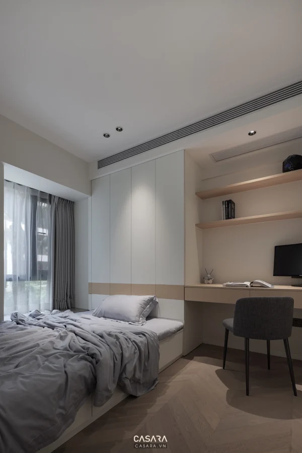 Phòng ngủ tối giản, hiện đại với tông màu trung tính ấm áp.