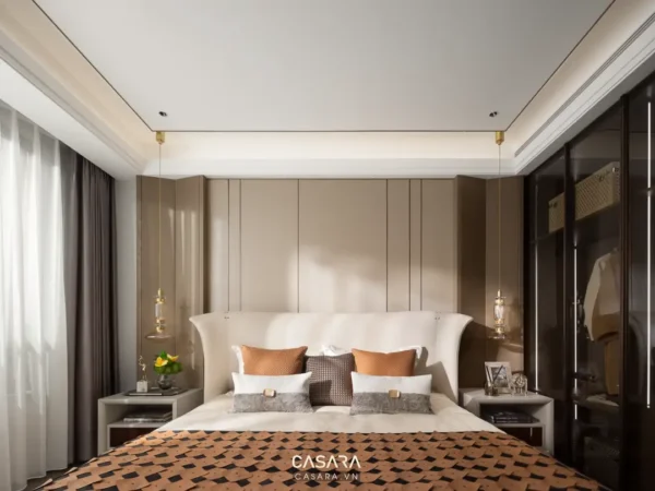 Phòng ngủ sang trọng, ấm cúng với tông màu trung tính chủ đạo.