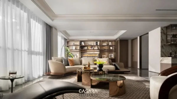 Phòng khách sang trọng, hiện đại với nội thất tinh tế, màu sắc trung tính.