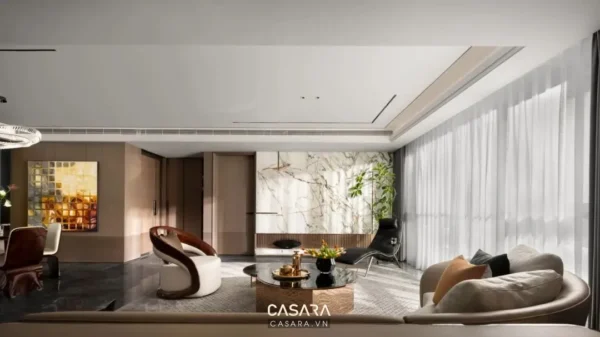 Phòng khách hiện đại, sang trọng với nội thất tinh tế, ánh sáng dịu nhẹ.