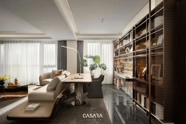 Phòng khách hiện đại, sang trọng với nội thất tối giản, ấm cúng.